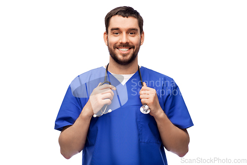 Image of smiling doctor or male nurse with stethoscope