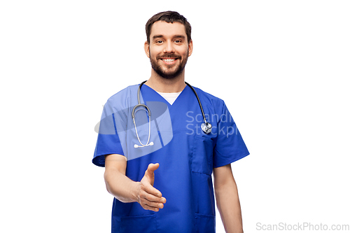 Image of smiling male doctor giving hand for handshake