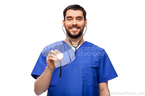 Image of smiling male doctor or nurse with stethoscope