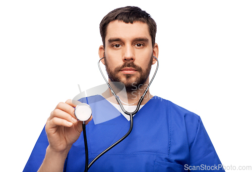 Image of doctor or male nurse with stethoscope