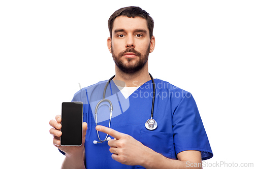 Image of doctor or male nurse with smartphone