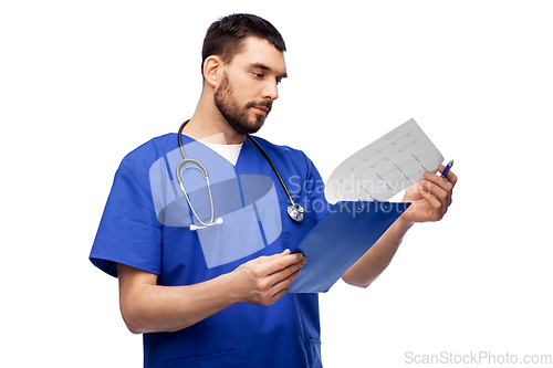 Image of male doctor with cardogram on clipboard