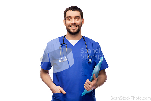 Image of smiling doctor or male nurse with folder
