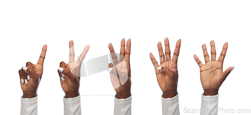 Image of hands of african american women showing fingers