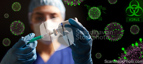 Image of doctor in face mask with syringe and medicine