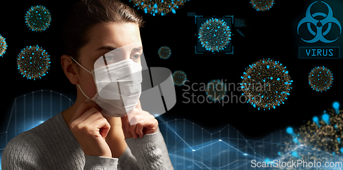 Image of sick woman adjusting protective medical face mask