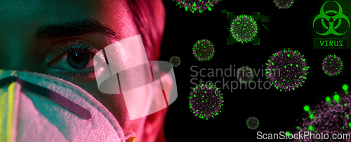 Image of woman in mask or respirator protecting from virus