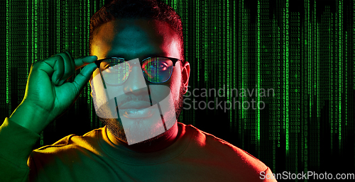 Image of young african american man over binary code