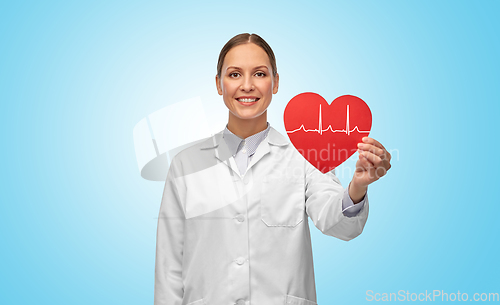 Image of smiling female doctor with cardiogram on red heart