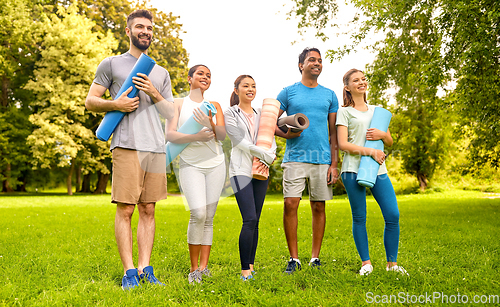 Image of group of happy people with yoga mats at park