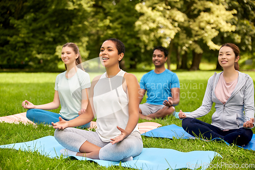 Image of group of people doing yoga at summer park