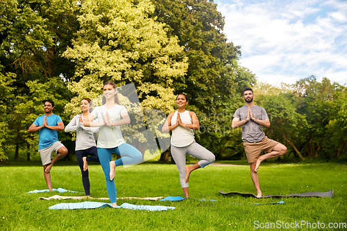 Image of group of people doing yoga at summer park