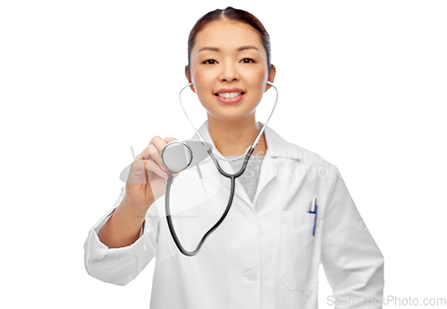 Image of close up of asian female doctor with stethoscope