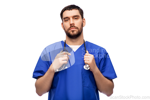 Image of doctor or male nurse with stethoscope