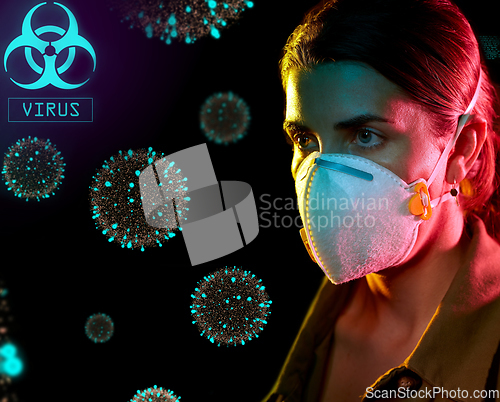 Image of woman in mask or respirator protecting from virus