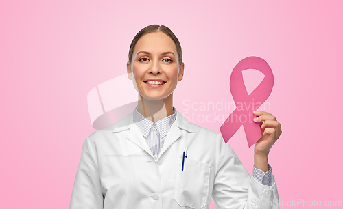 Image of female doctor with breast cancer awareness ribbon