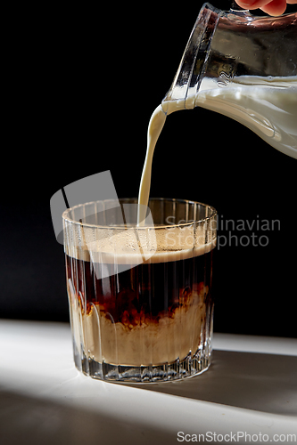 Image of hand with jug pouring cream to glass of coffee