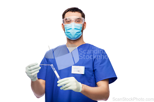 Image of male doctor in mask with cotton swab and test tube