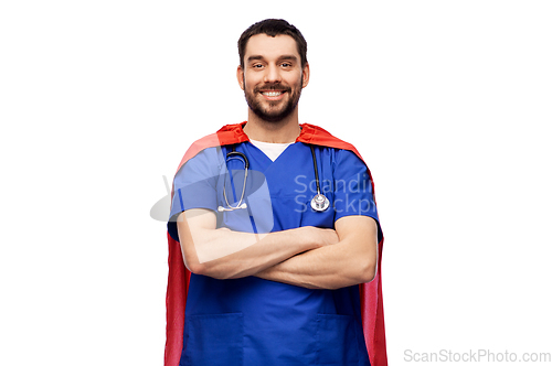 Image of smiling doctor or male nurse in superhero cape