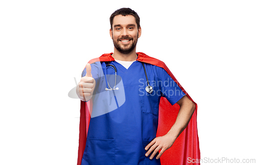 Image of smiling doctor or male nurse in superhero cape