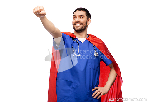 Image of smiling doctor or male nurse in superhero cape