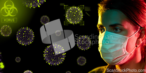 Image of woman wearing medical mask protecting from virus