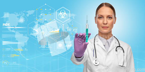 Image of female doctor with syringe over world statistics