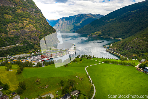 Image of Aurlandsfjord Town Of Flam at dawn.