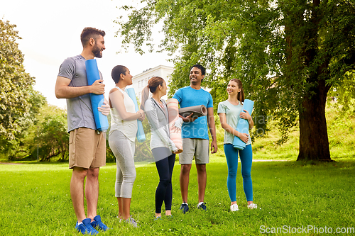 Image of group of happy people with yoga mats at park