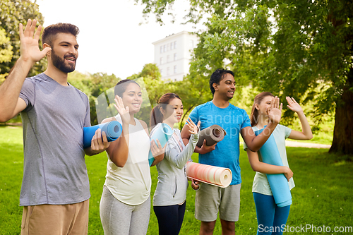 Image of group of happy people with yoga mats at park