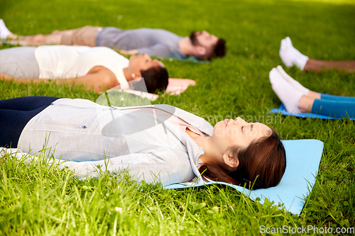 Image of group of people doing yoga at summer park