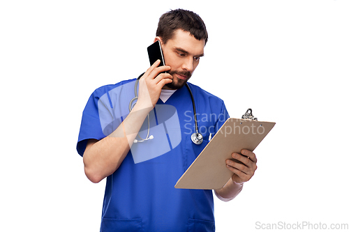Image of doctor or male nurse calling on smartphone