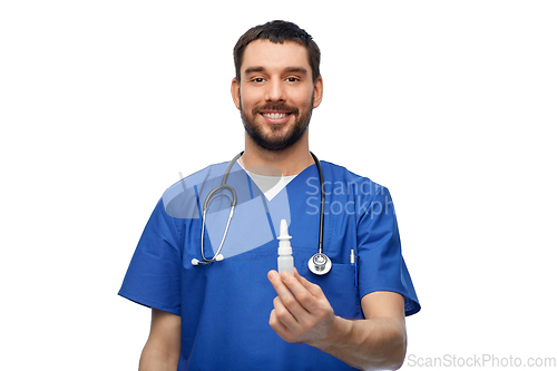 Image of doctor or male nurse with medicine and stethoscope