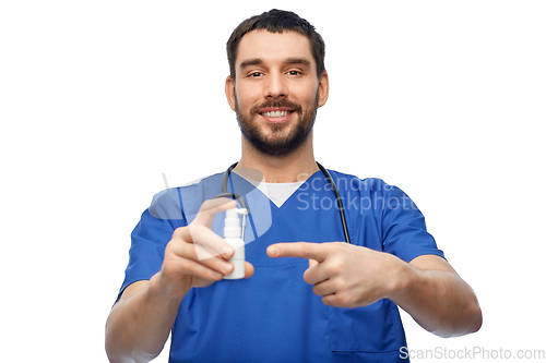 Image of doctor or male nurse with medicine and stethoscope