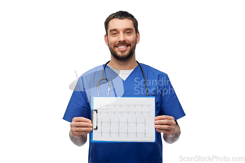 Image of smiling male doctor with cardiogram on clipboard