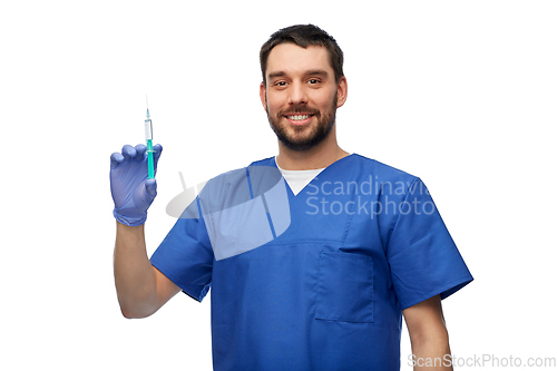Image of doctor or male nurse with medicine in syringe