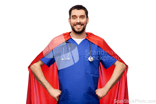 Image of smiling doctor or male nurse in superhero cape