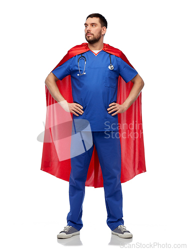 Image of smiling doctor or male nurse in superhero cape