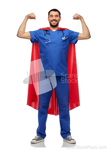 Image of smiling doctor or male nurse in superhero cape