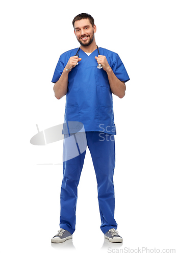 Image of smiling doctor or male nurse with stethoscope