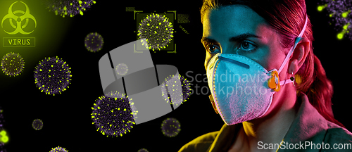 Image of woman in mask or respirator protecting from virus