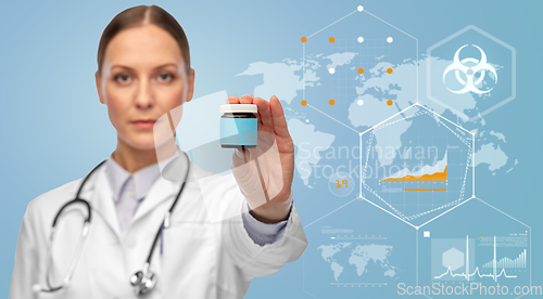 Image of female doctor with medicine over world statistics