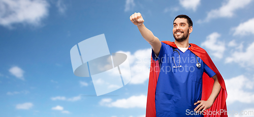 Image of smiling doctor or male nurse in superhero cape