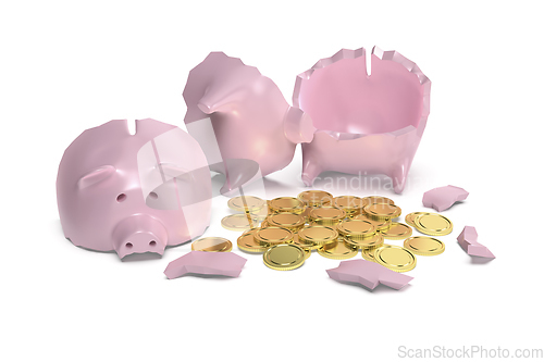 Image of Broken piggy bank with gold coins
