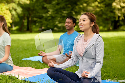 Image of group of people doing yoga at summer park