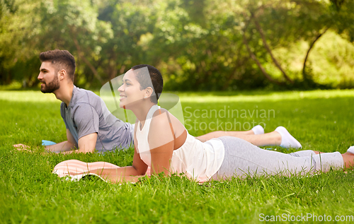 Image of happy people doing yoga at summer park