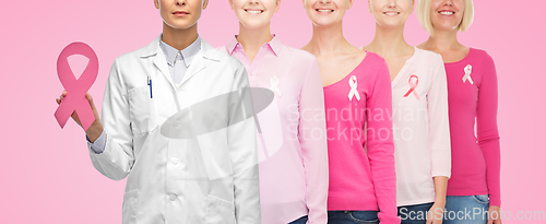 Image of doctor and women with cancer awareness ribbons