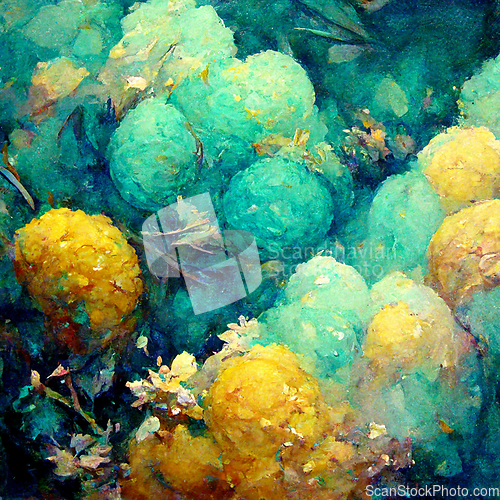 Image of Abstract blue and yellow flowers on textured paper. Beautiful ar