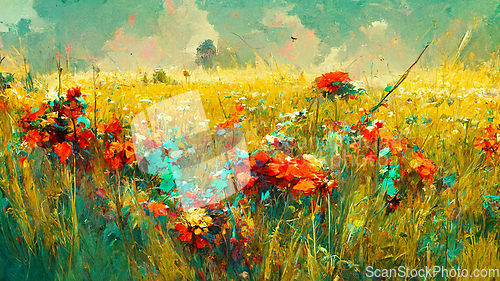 Image of Wildflowers white daisies, red poppies and yellow beautiful flow