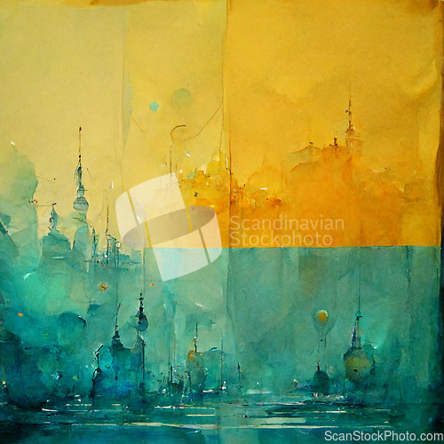 Image of Abstract city buildings on yellow and blue watercolor painting b